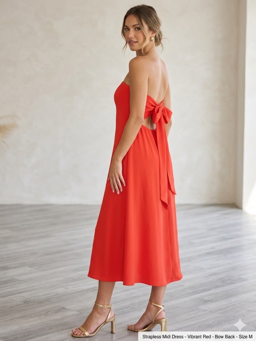 See You Monday Vibrant Strapless Midi Dress with Bow Back Medium
